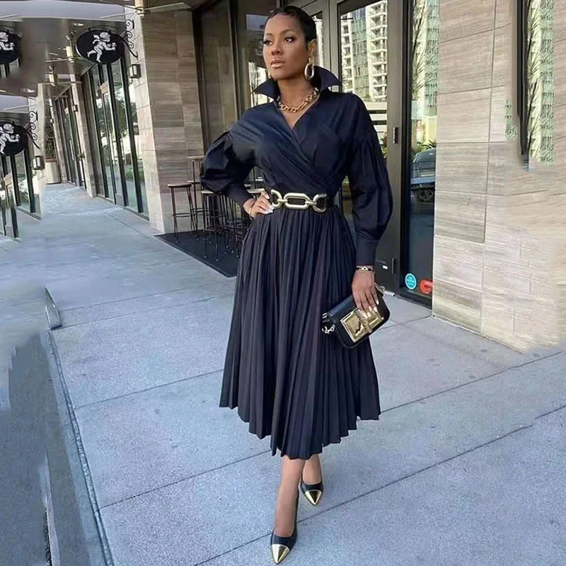 Uveng Uveng 2025 New African Women's Dress Temperament 100-Folded Black Collar Mid-Long Dress