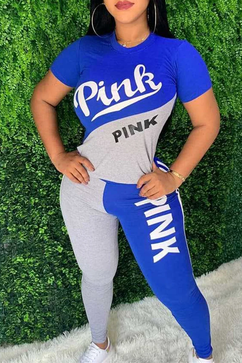 Blue Fashion Casual Letter Print Patchwork O Neck Short Sleeve Two Pieces