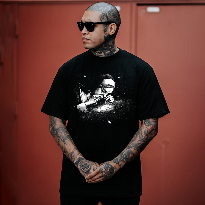 Nun Smoking Dark Style Black Print T-shirt