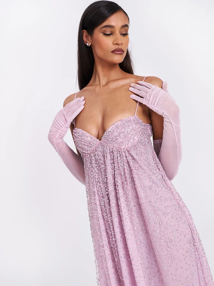 Wallie Baby Blue Rhinestone Embellished Mesh Backless Gown