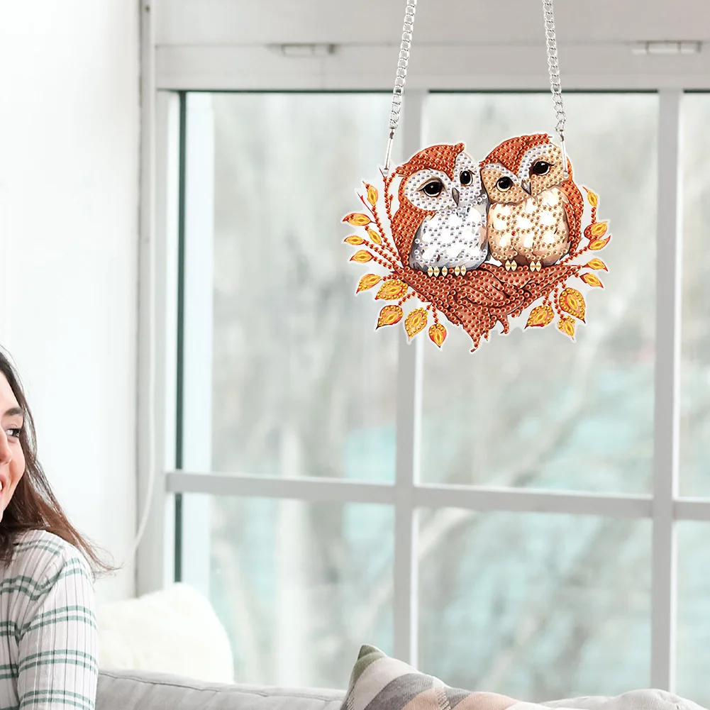 DIY Autumn Owl Special Shape Diamond Painting Hanging Pendant