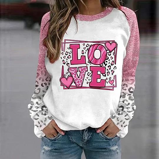 Giftitrends Valentine'S Day Women'S Blouse Casual Heart Printed Shirts Patchwork Round Neck Tops Autumn Long Sleeve Hoodless Pullovers
