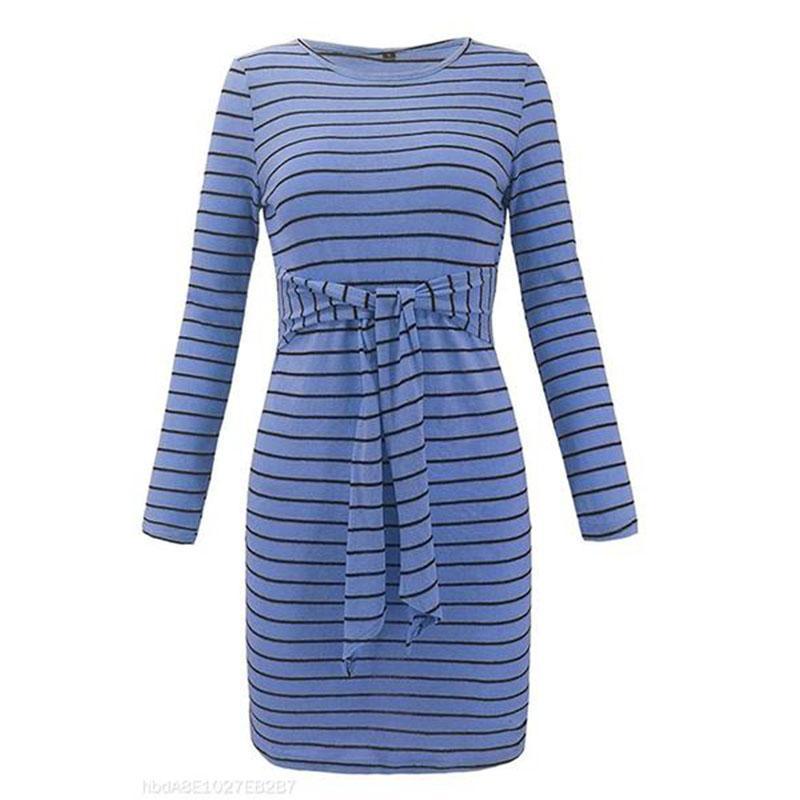 Round Neck Belt Loops Striped Long Sleeve Bodycon Dresses