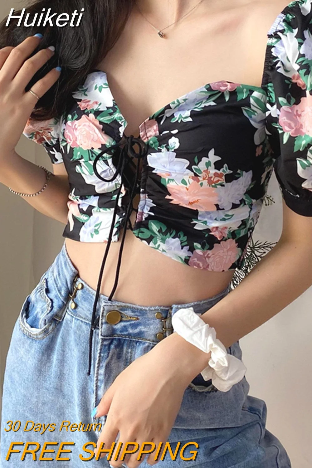 Huiketi Sexy Womens V Neck Crop Top Fashion Short Puff Sleeve Lace Up Hollow Out Floral Print Shirt Club Street Style Hot Sale