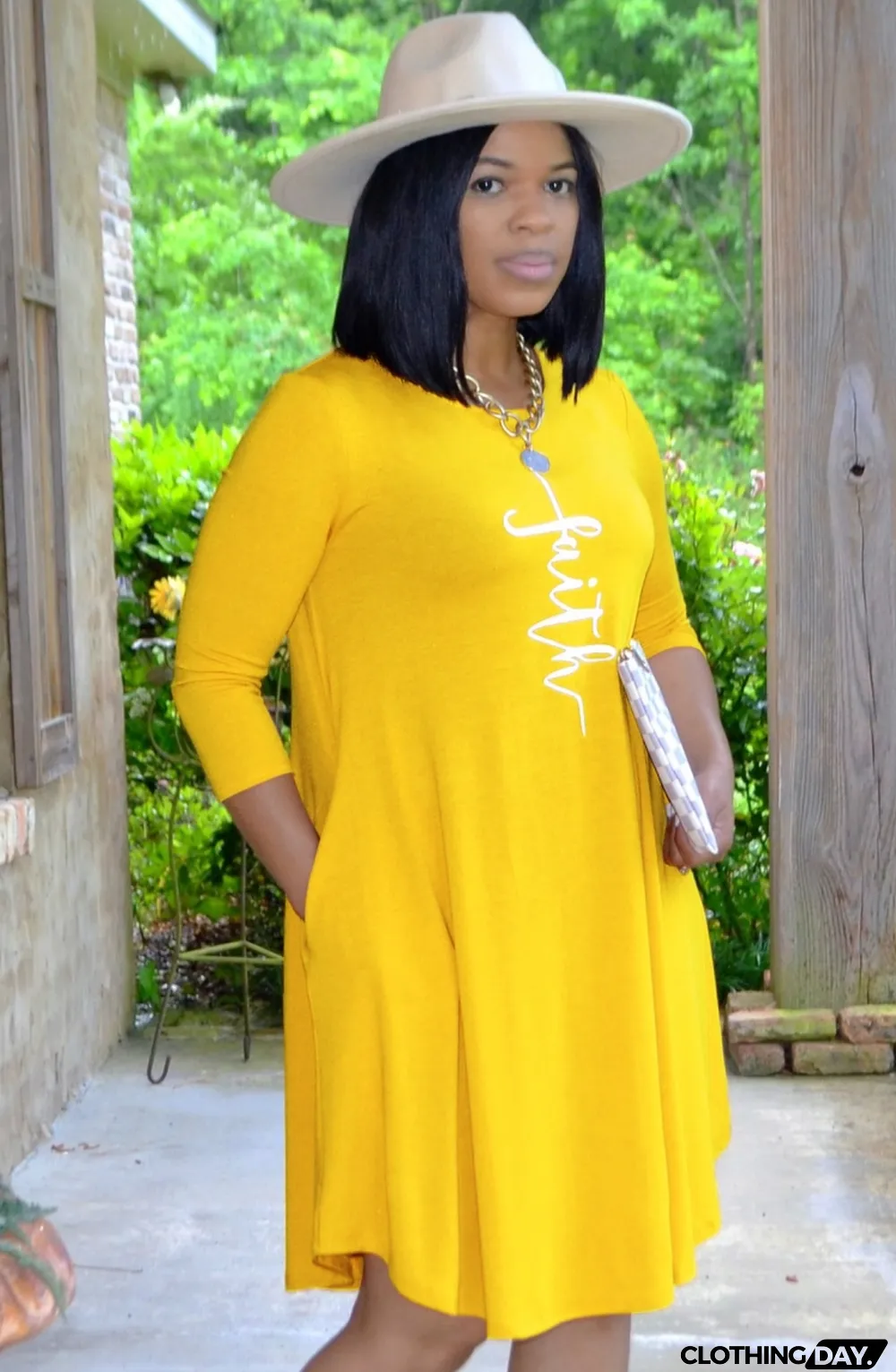 Autumn Casual Print Yellow O-Neck Pocket Shirt Dress