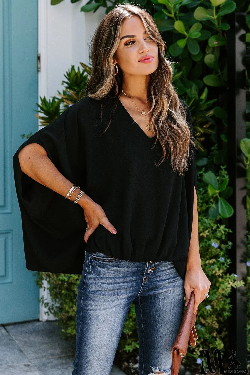 MidiSono - Draped Dolman Sleeves V Neck Blouse