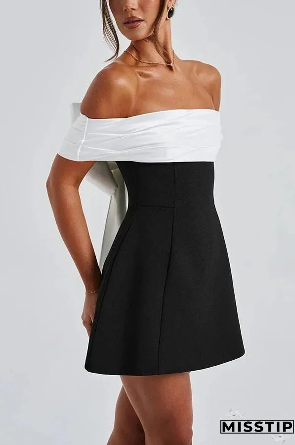 Sexy Contrast Off-the-shoulder Bow-embellished Mini Dress