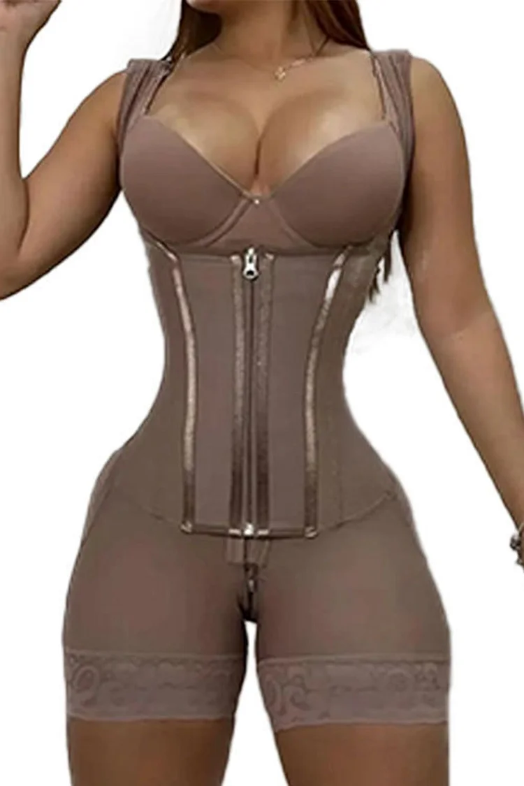 Plus Size Casual Black High Waist Adjustable Wide Shoulder Strap Zipper Shapewear 2024 - Xpluswear