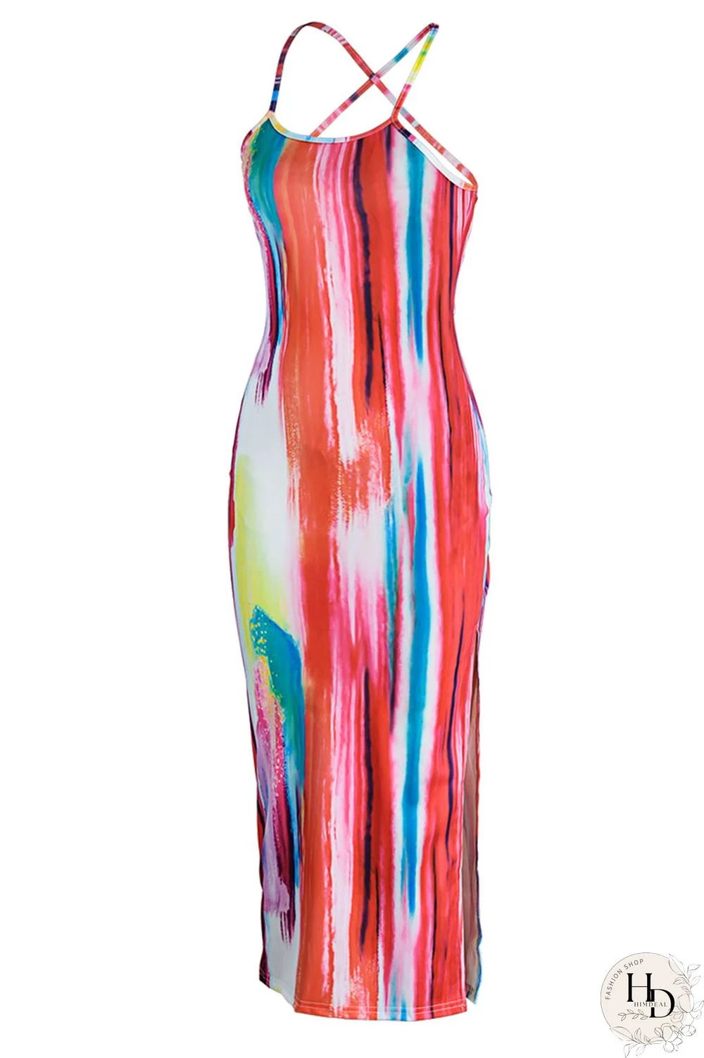 Yellow Sexy Print Hollowed Out Patchwork Slit Spaghetti Strap One Step Skirt Dresses