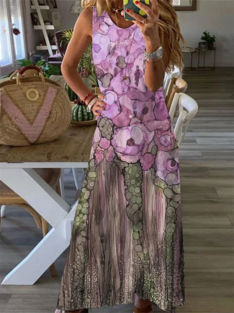 Women's Sleeveless Scoop Neck Floral Printed Graphic Maxi Dress