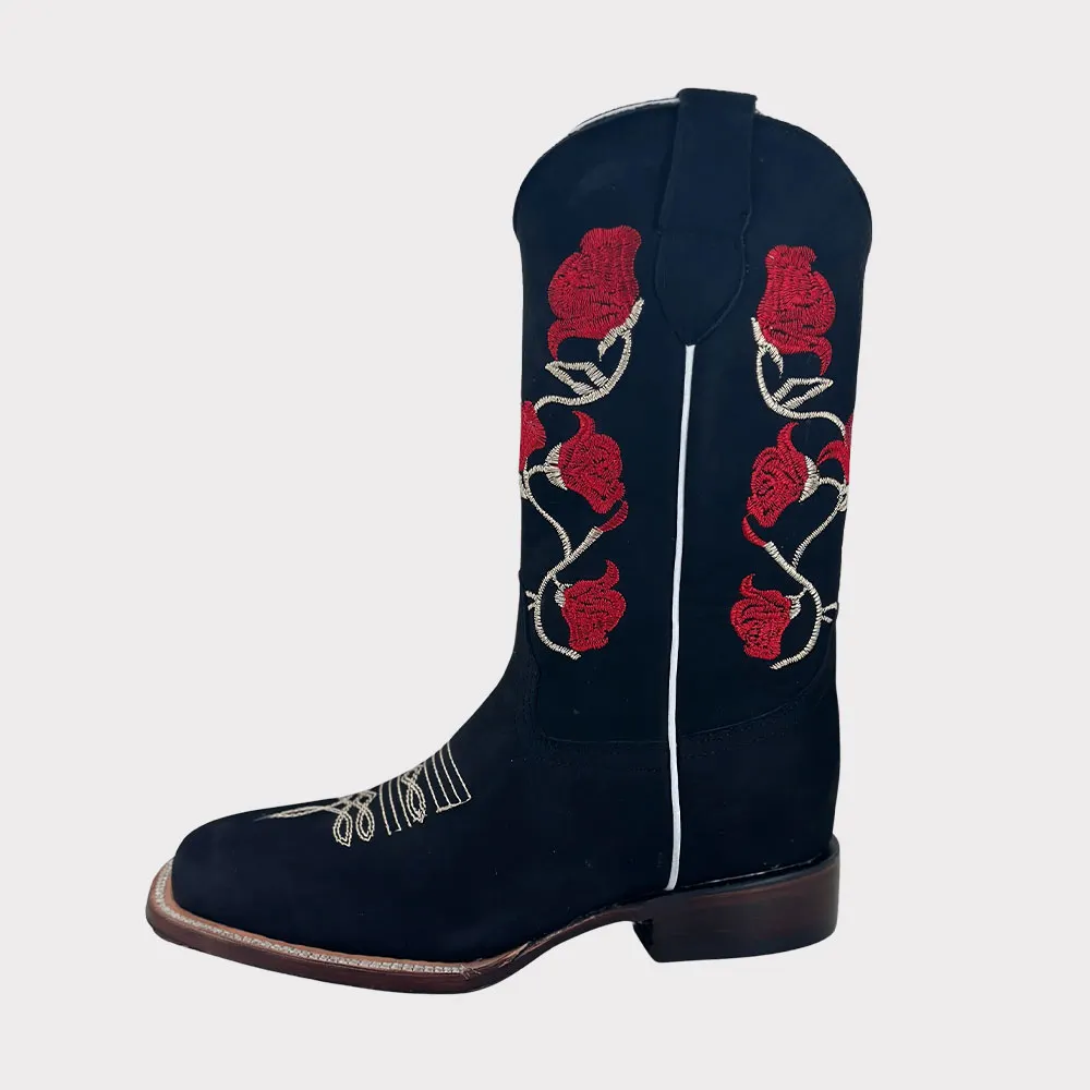Black & Red Chunky Heel Rose Embroidered Women's Western Boots