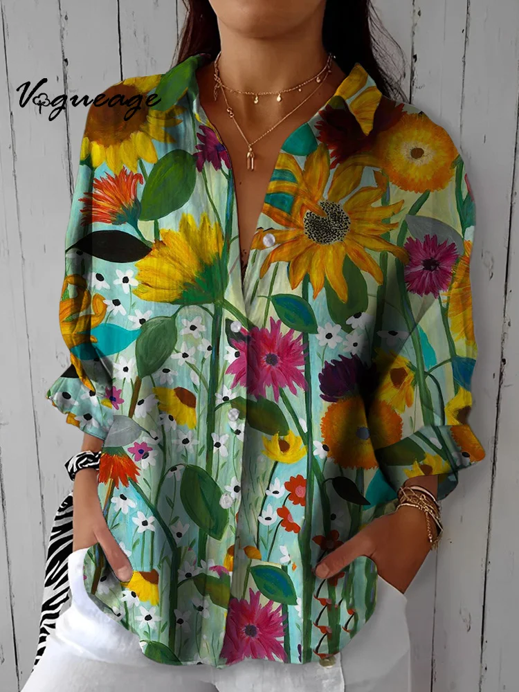 Sunny And Elegant Sunflower Printed Cotton And Linen Shirt