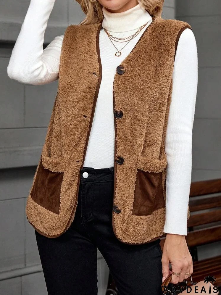 Women's Casual Contrast Color Pocket Sleeveless Furry Jacket, Autumn/Winter