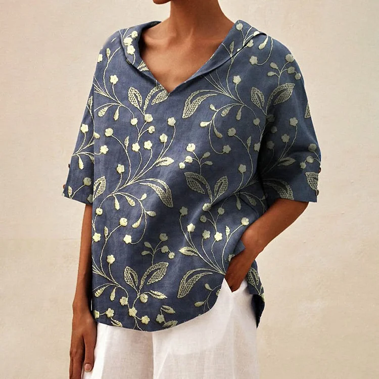 Women' Vintage Floral Art Print Casual Linen V-Neck Shirt