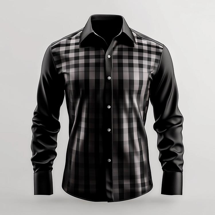 Men's Satin Plaid Patchwork Button Long Sleeve Shirt