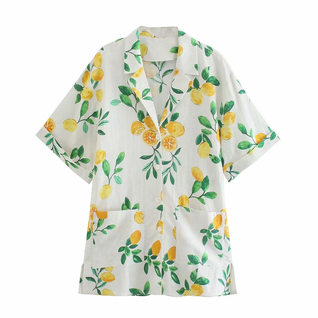 Zevity 2021 New Women Tropical Leaves Fruit Print Mini Shirt Dress Female Chic Short Sleeve Pocket Loose Kimono Vestido DS8380