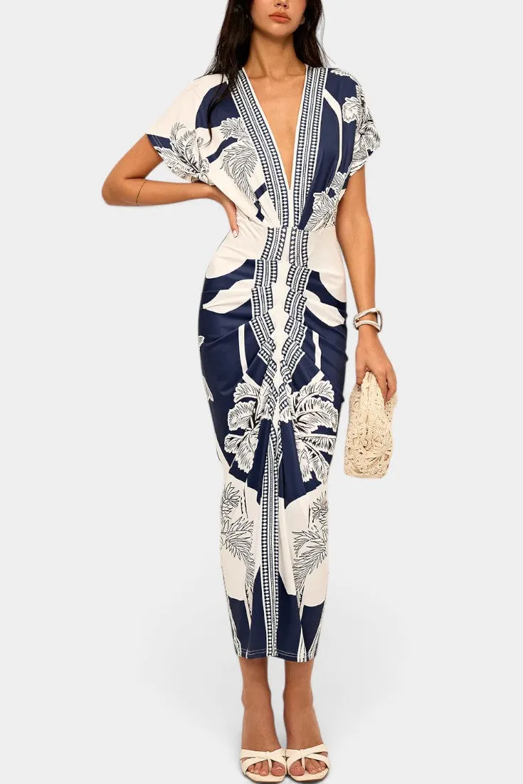 Deep V-Neck Foliage Print Midi Dress