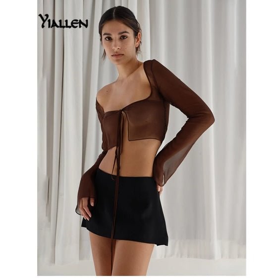 Yiallen Summer Elegant Mesh See Through Hot Sexy Tops and Blouses Women 2022 New Shirts Blouse Flare Sleeve Tie Up Tops Clothes