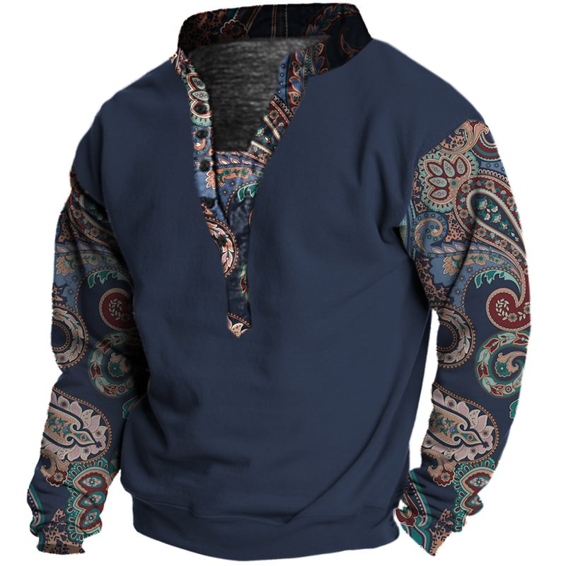 Men's Retro Totem Printed Matching Round Neck Long Sleeve Henny Shirt