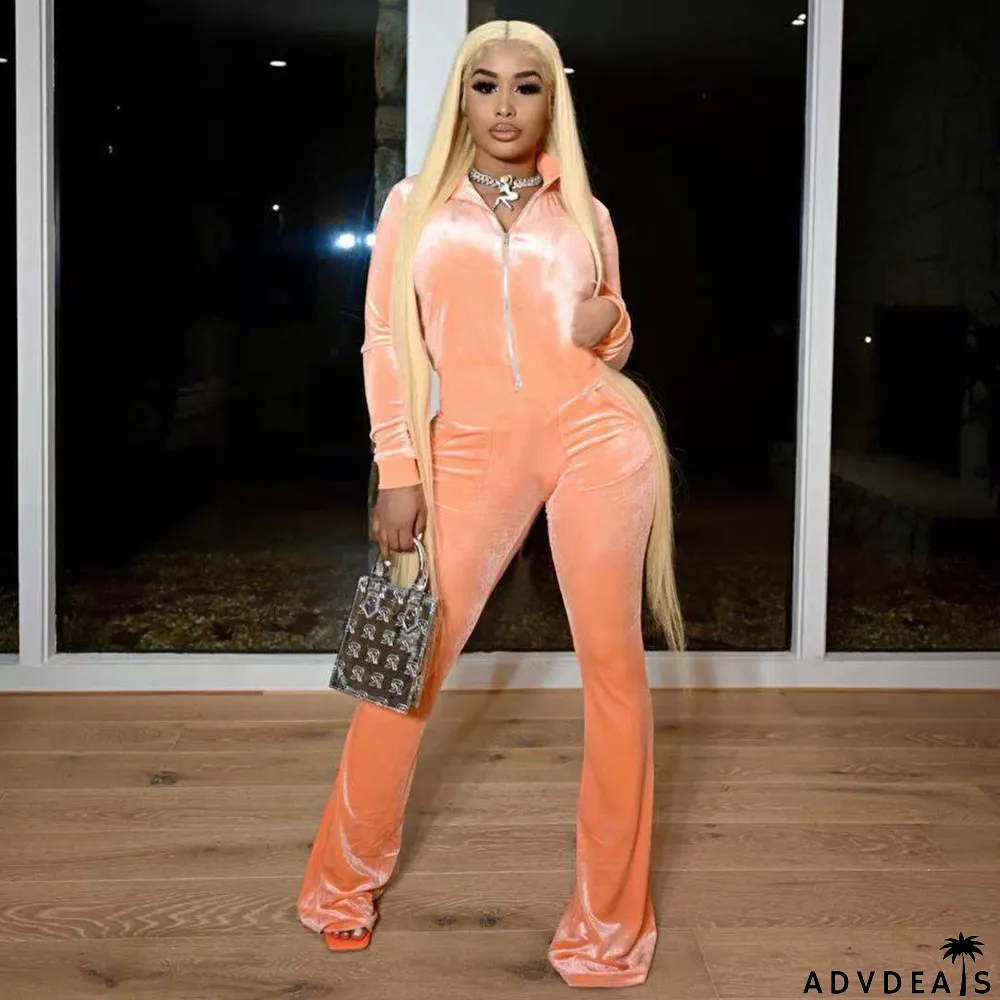 Solid Velvet Long Sleeve Zipper Flared Jumpsuit