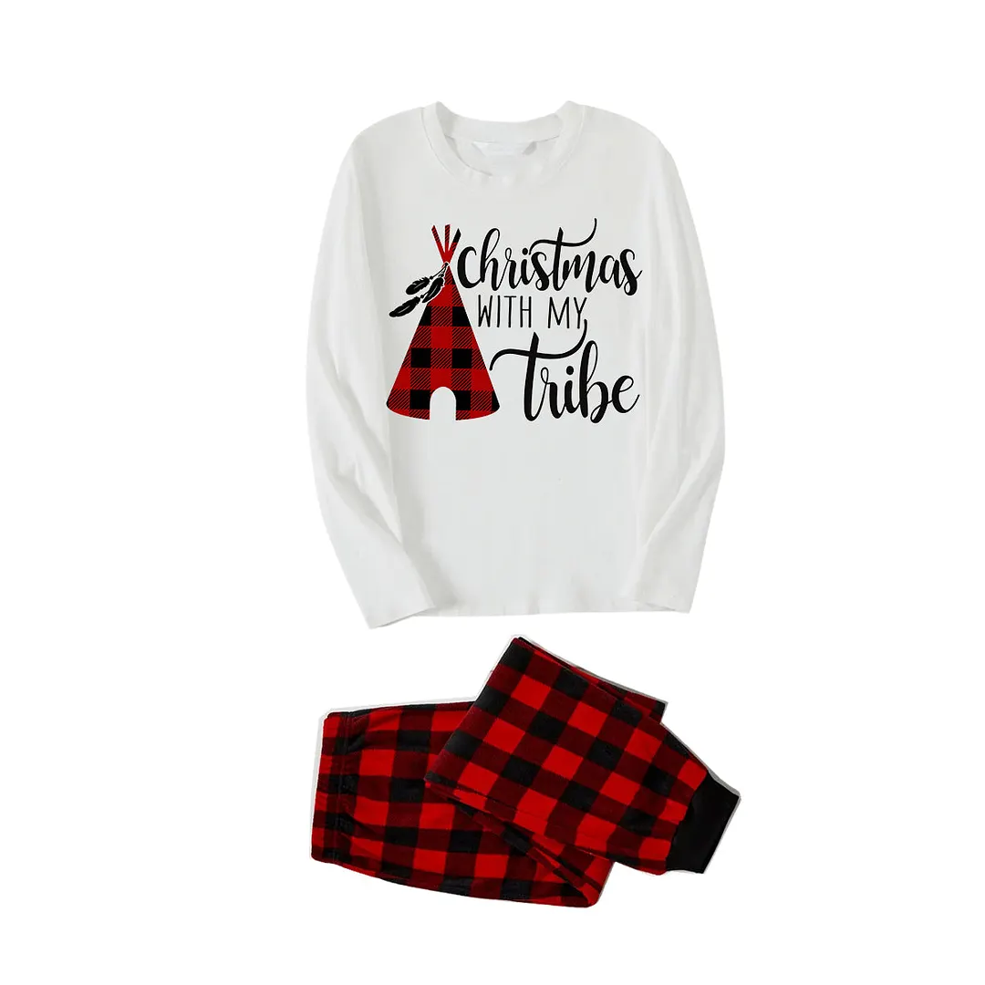 "Christmas With My Tribe"  Pattern White Long Sleeve with Black&Red Plaid Pants Family Matching Pajamas