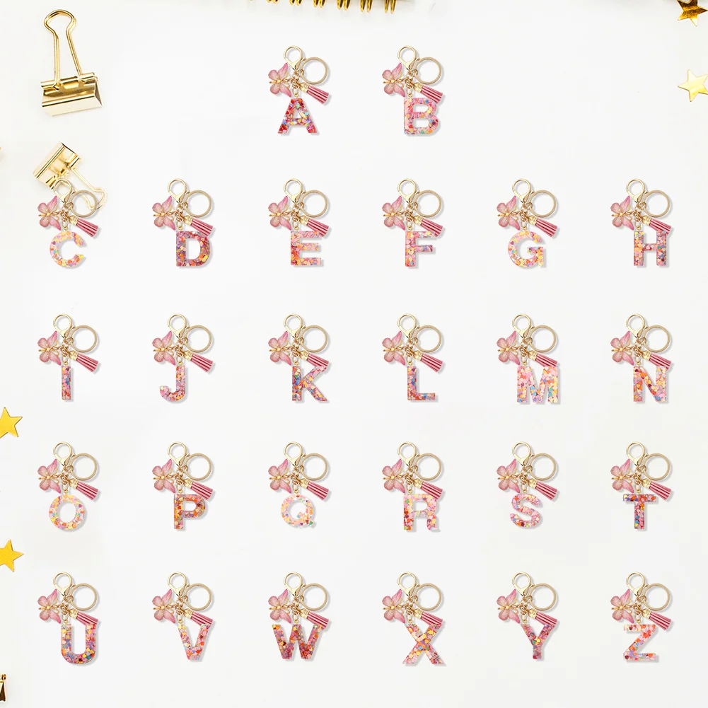 Resin Initial Letter Keychains Alphabet Letter Keychain Pink Tassel Butterfly Key Ring