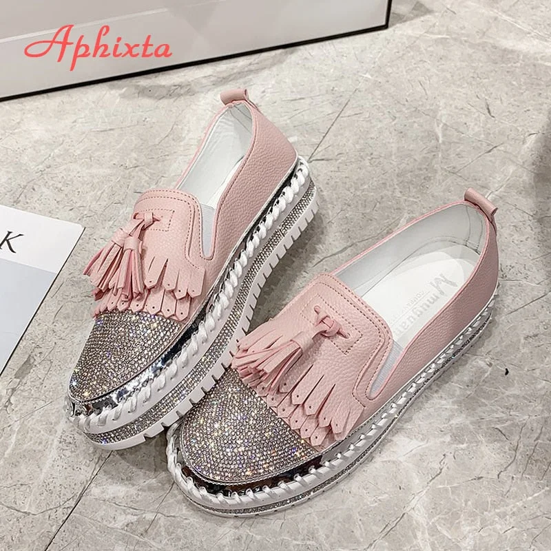 Aphixta Big Szie 43 Luxury Crystals Round Toe Flats Women Pink Bordered Fringe Platform Casual Female Rhinestone Women Shoes