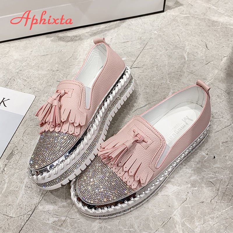 Aphixta Big Szie 43 Luxury Crystals Round Toe Flats Women Pink Bordered Fringe Platform Casual Female Rhinestone Women Shoes