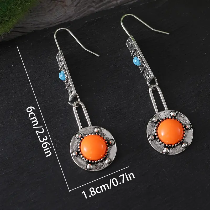 vintage rectangle round shape hammer pattern turquoise inlaid dangle earrings retro ethnic style female gift 3