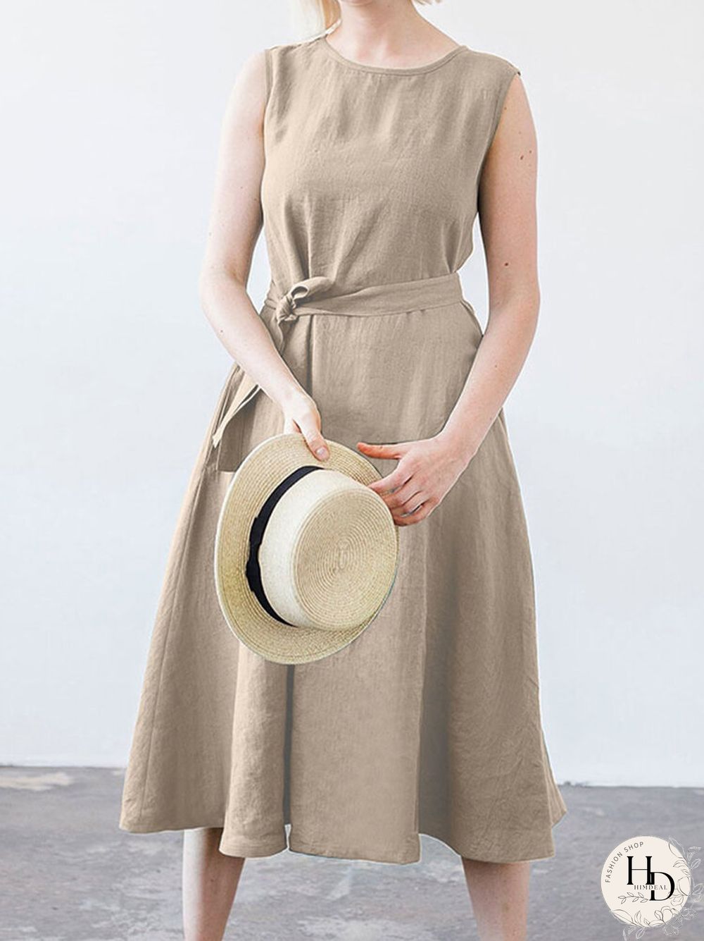 Solid Sleeveless Pocket Crew Neck Dress with Belt