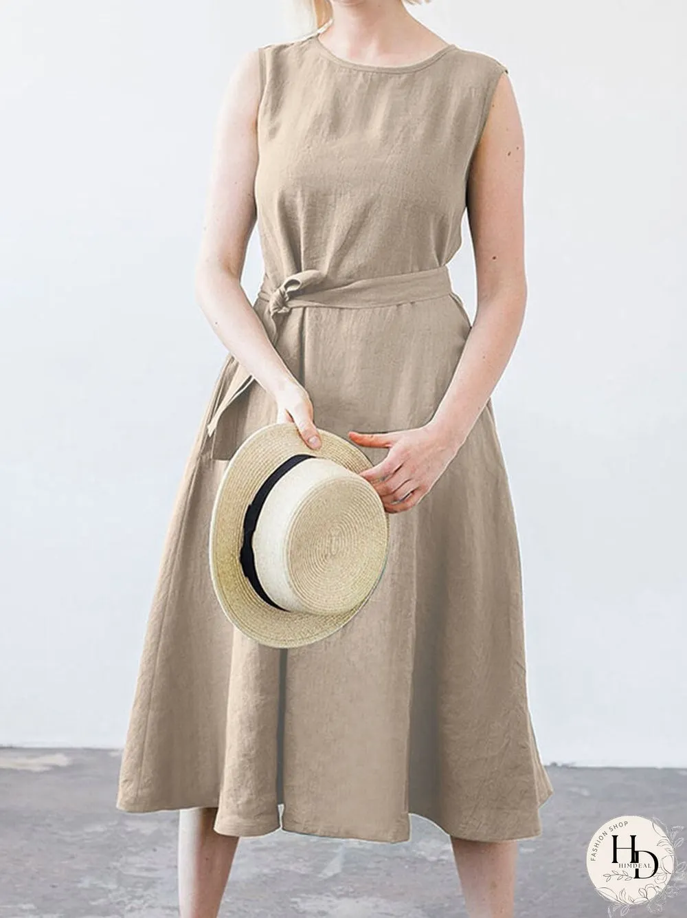 Solid Sleeveless Pocket Crew Neck Dress with Belt