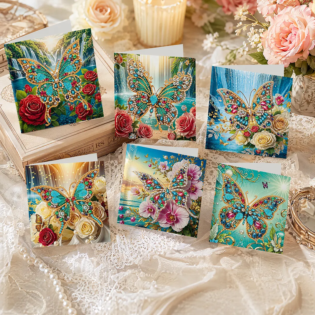 6pcs Jewel Butterfly DIY Diamond Painting Greeting Card Kits with Envelopes Diamond Art Greeting Cards Diamond Art Cards Kits for Adults DIY Crafts Family Friend Gifts