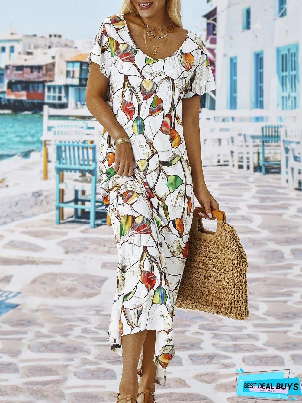 Vacation Floral Loosen U-Neck Maxi Short Sleeve Knit Dress