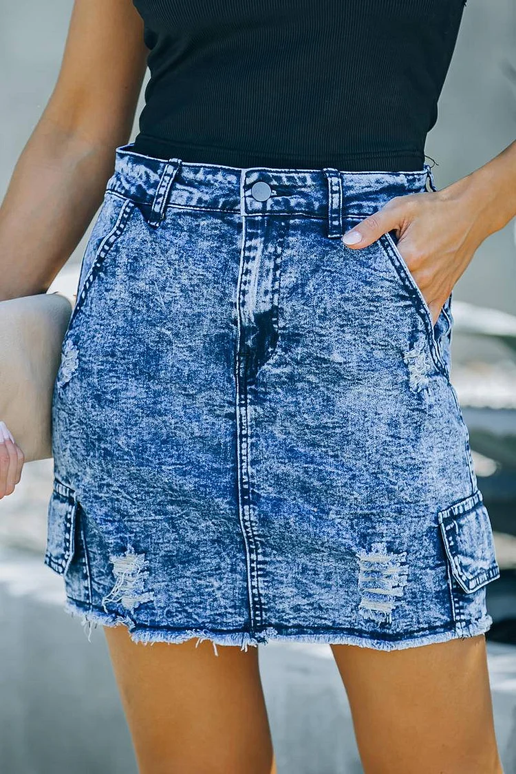 Women's Denim Short Skirt High Waist Distressed Denim Mini Skirt With Pocket