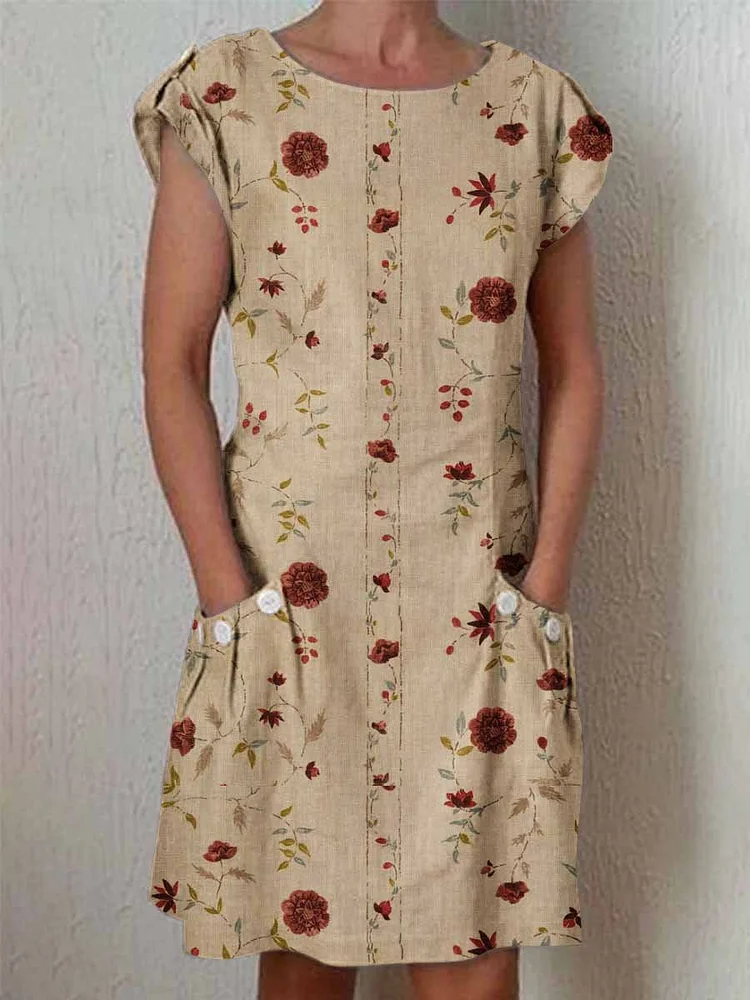 Women's Classic Elegant Rose Pattern Cotton and Linen Dress