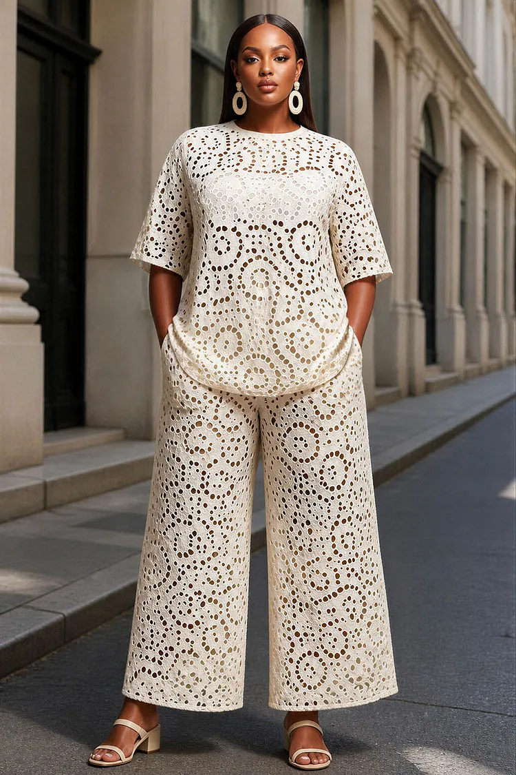 Xpluswear Design Plus Size Business Casual White Round Neck Short Sleeve Pocket Cut Out Two Piece Pant Sets [Pre-Order] 2024 - Xpluswear