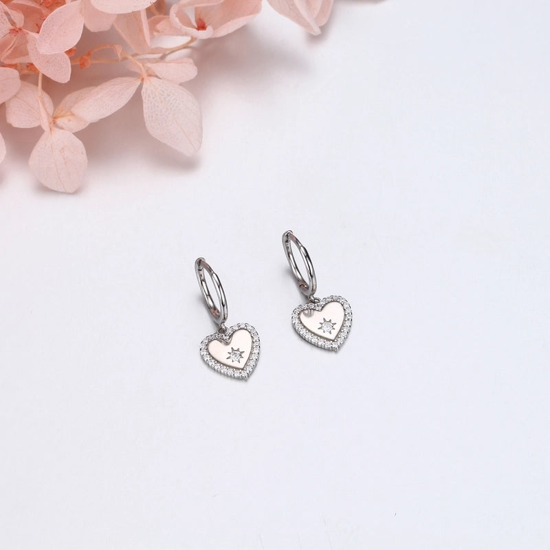 1 Pair 925 Sterling Silver Zircon Heart Shape Solid Color Drop Earrings