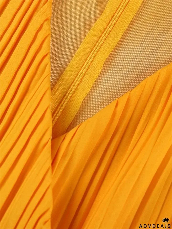 V-Neck Long Sleeve Slim Pleated A Line Long Dresses