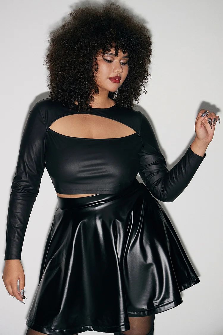 Xpluswear Design Plus Size Daily Blouse Black Crop Long Sleeve PU Leather Blouse [Pre-Order]