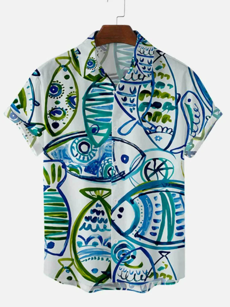 Hand Painted Tropical Fish Printing Men's Short Sleeve Shirt