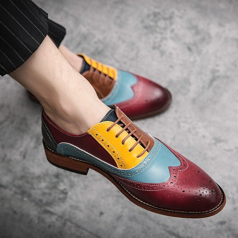 YRZL Leather Shoes Men New 2021 Mixed Colors Pointed Toe Brogue Shoes Men Business Casual Dress Wedding Party Mens Shoes Leather