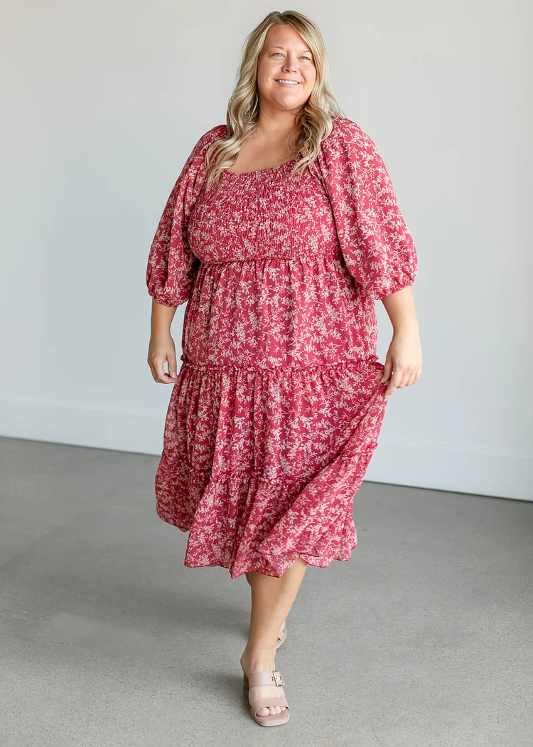 Square Neck Smocked Floral Tiered Midi Dress