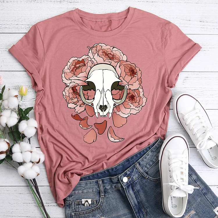 Skull and peonies T-shirt Tee -06277-Annaletters