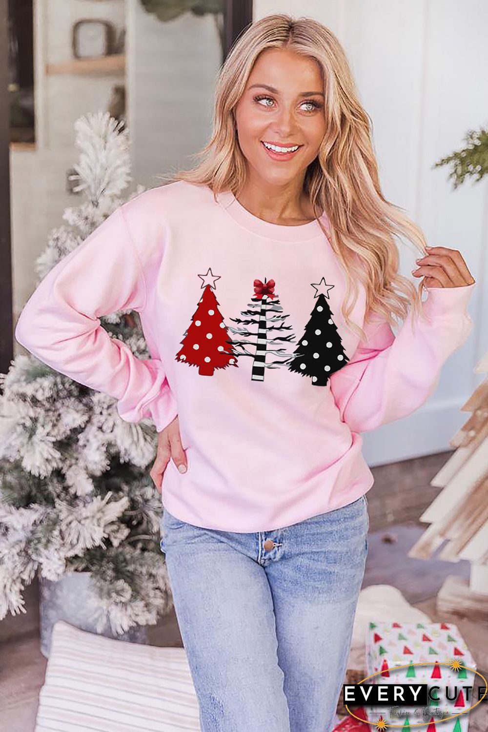Pink Christmas Tree Graphic Print Pullover Sweatshirt