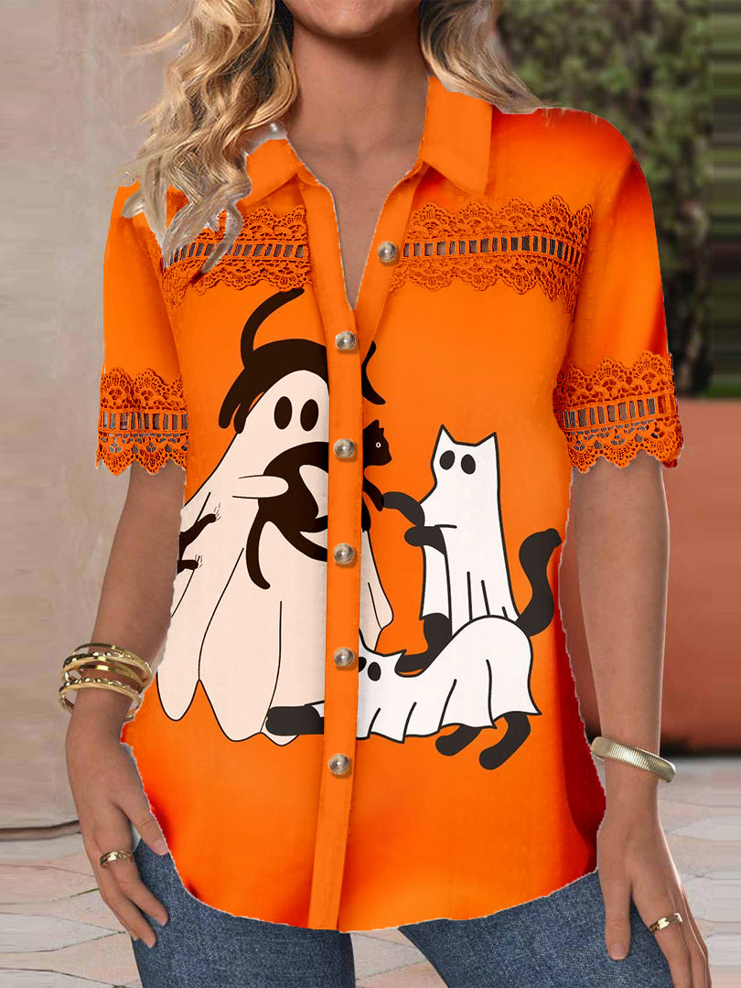 Women Short Sleeve V-neck Ghost Printed Graphic Lace Hollow Stitching Button Tops