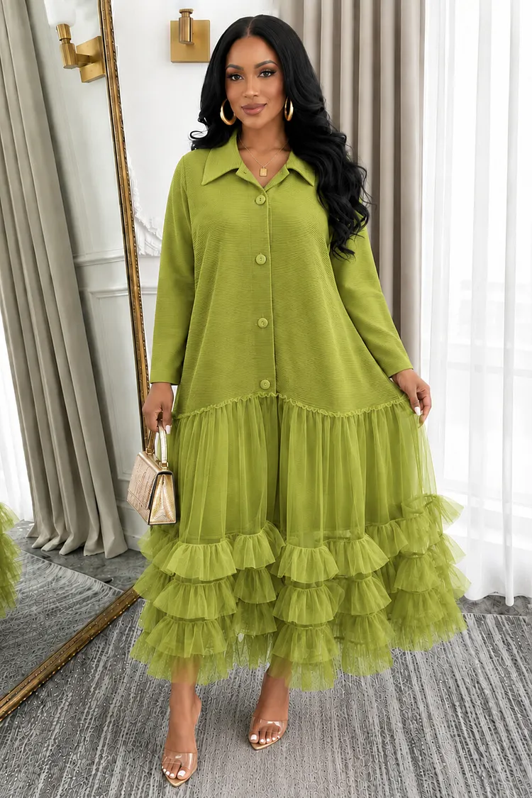 green dress with yellow collar Turndown Long Sleeve Button Tiered Tulle Casual Midi Dresses-Fuchsia Couture Dresses