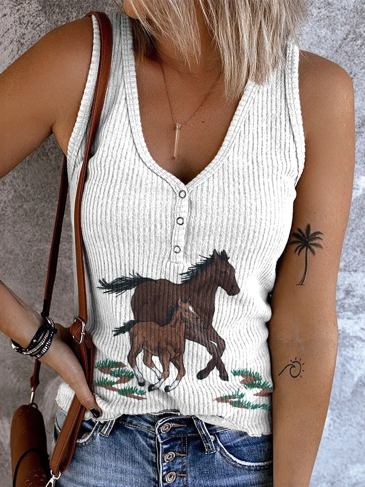 Western Horse Embroidery Pattern Button Up Tank Top