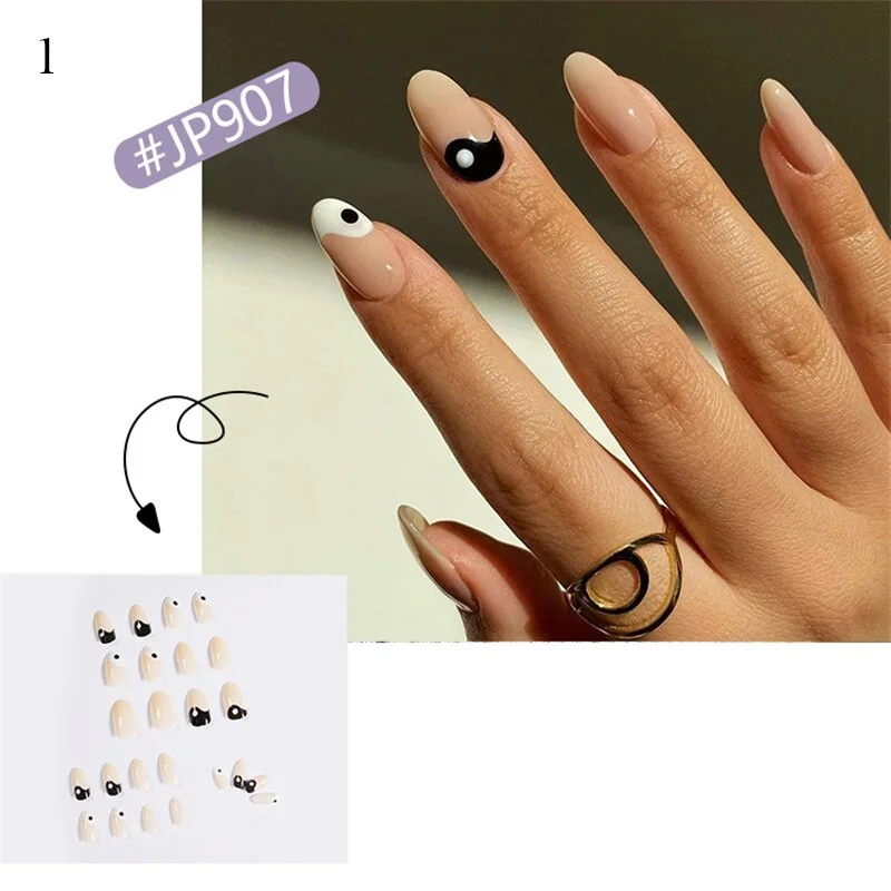 24pcs/box Leopard Fake Nails White and Black Wearing Nail Finished Fake Nail Patch oval head design acrylic nail tips for girls