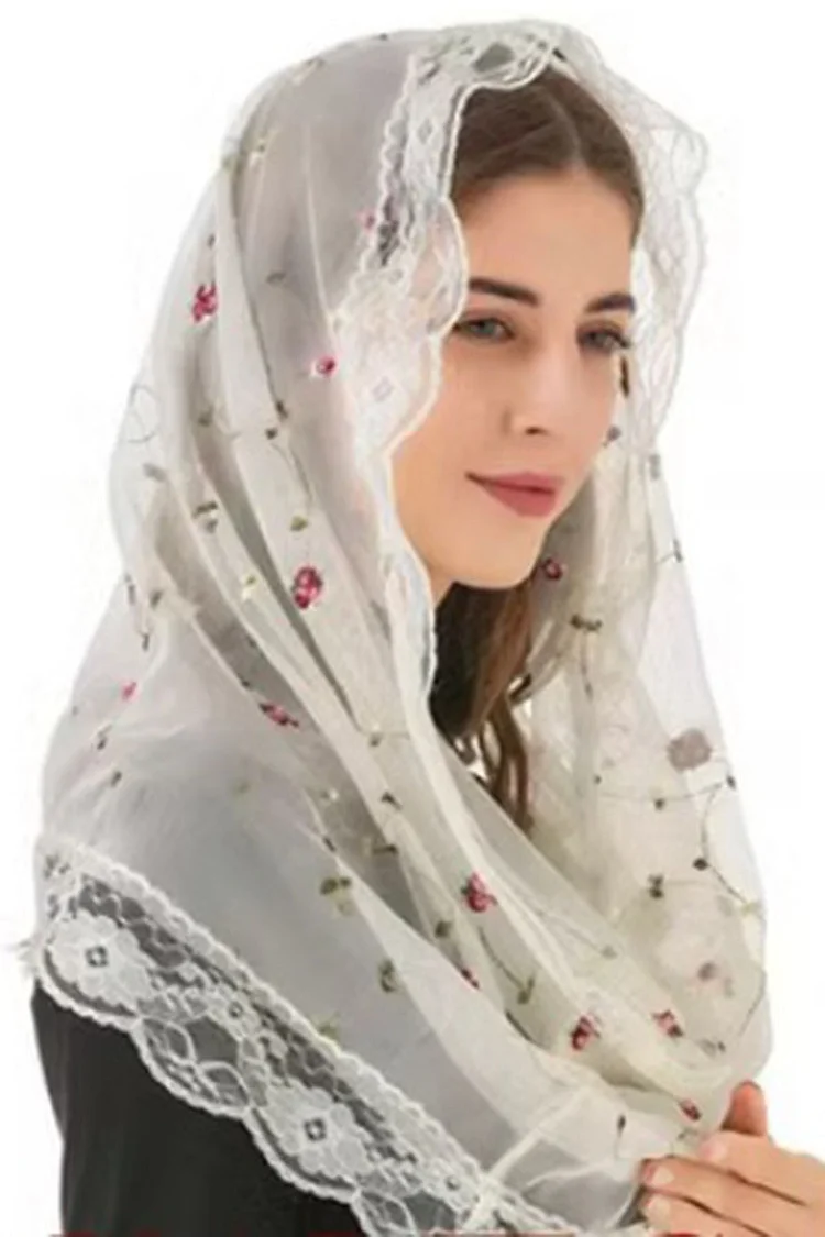 Lace Trim Floral Pattern Sheer Shayla Hijab Head Scarf