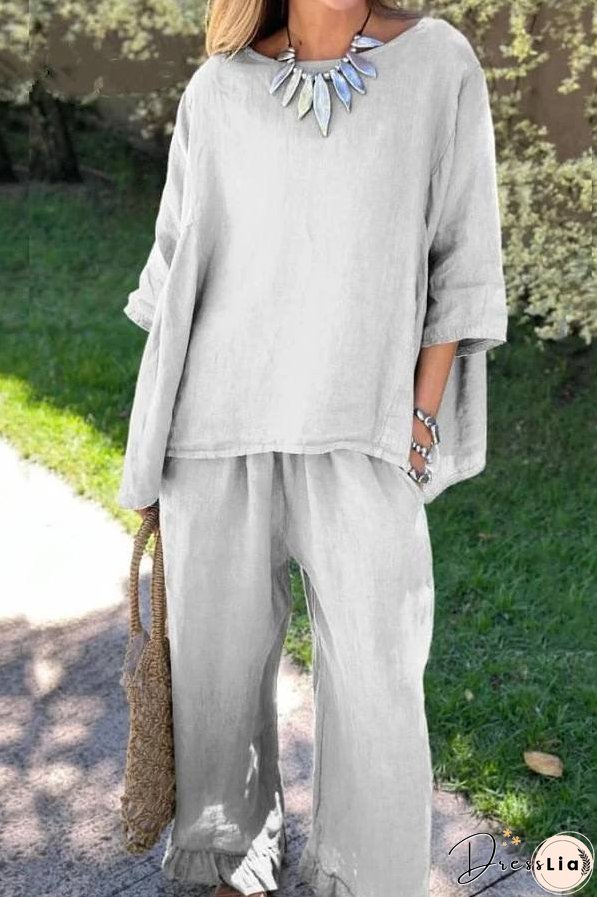 Casual Solid Color Loose Top & Pants Cotton Linen Two-piece Set